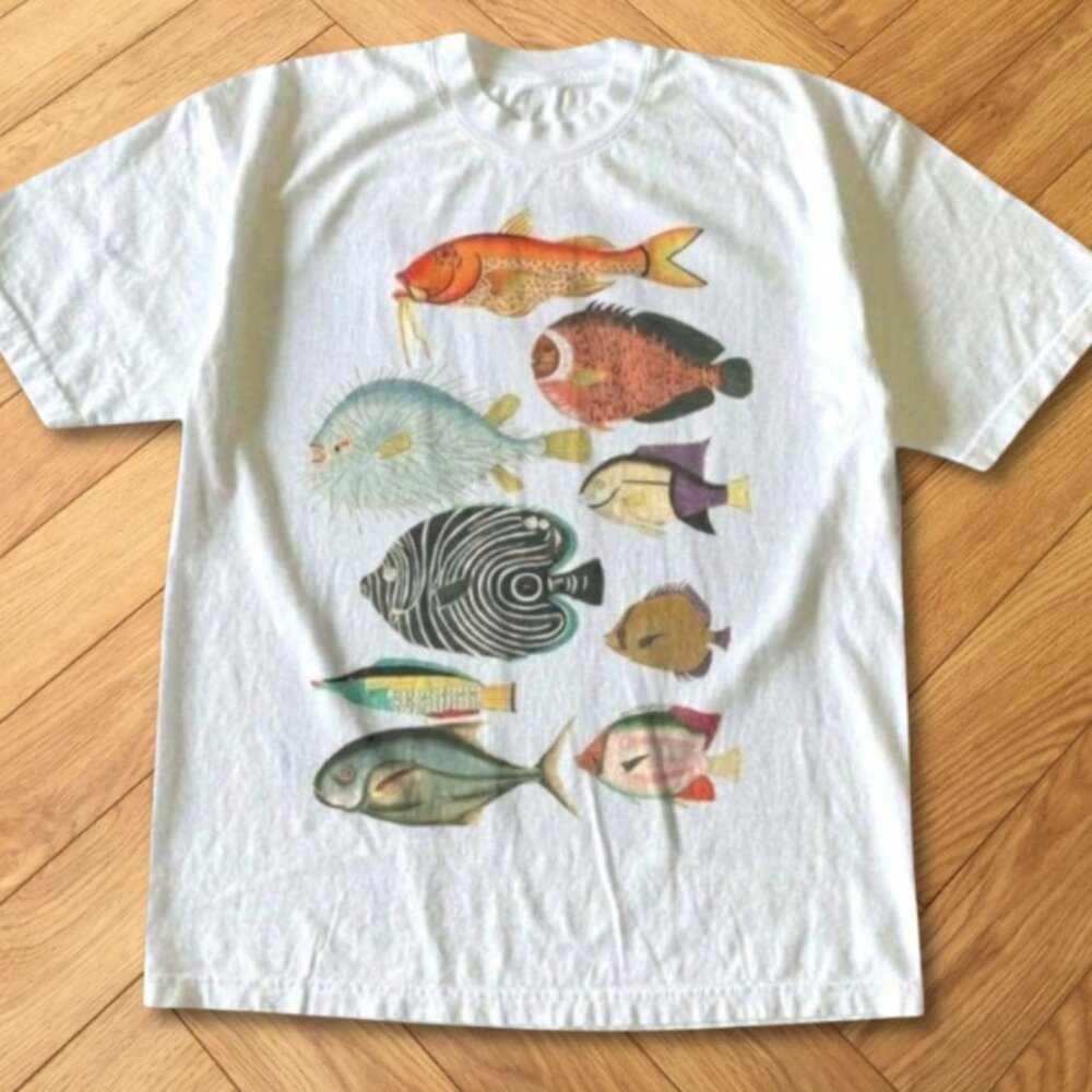 White Tropical Fish Graphic T-Shirt Ocean Marine Life Illustration Tee